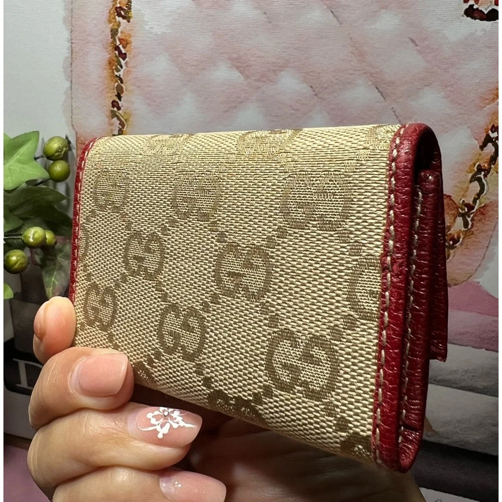 Gucci Key Case GG Canvas Beige Ribbon Red Leather Auth Elegant Beige and Red EUC - Picture 3 of 7